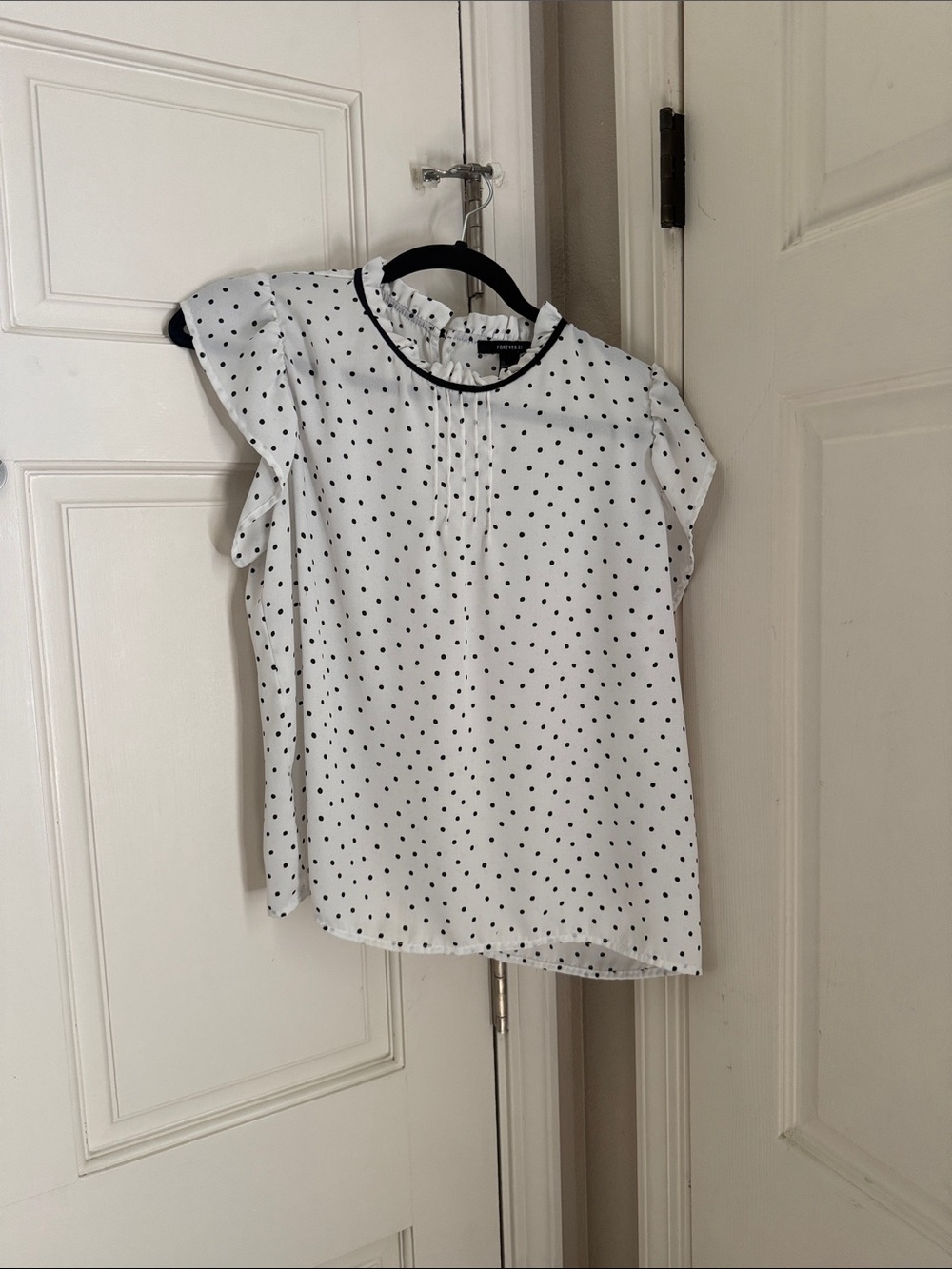 Forever 21 White Polka Dot Cap-Sleeve Blouse with Black Trim